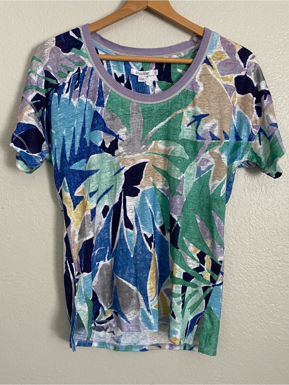 Chico's Tropical Nights Linen Tee Top Women's 0 S Blue Green Colorful Beach NWT
